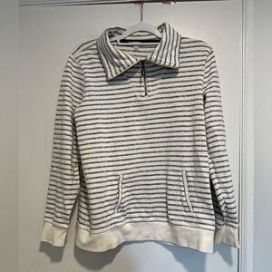 LL Bean Pullover 1/4 Zip Sweater Sz: L 100% Cotton Blue & White Striped Quarter.